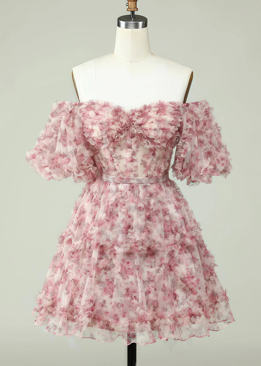 Eurydice | Dreamy Purple Homecoming Dress Floral Off the Shoulder Tulle Gown - Pink Floral - PromDressClub