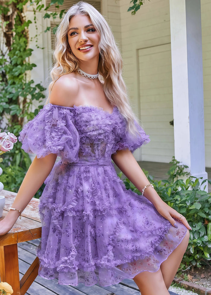 Eurydice | Dreamy Purple Homecoming Dress Floral Off the Shoulder Tulle Gown - Purple Floral - PromDressClub