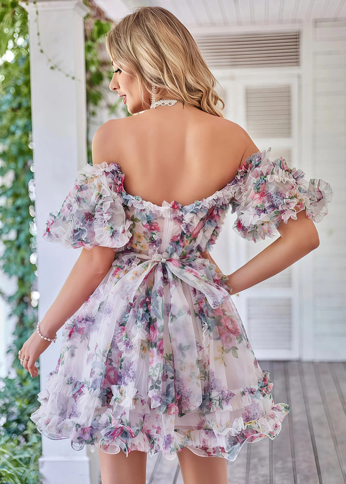 Eurydice | Dreamy Purple Homecoming Dress Floral Off the Shoulder Tulle Gown - White Floral - PromDressClub