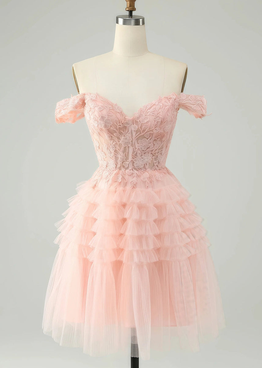 Euthymia | Stand Out with Pink Homecoming Dress: Elegant Lace for Prom Night - Light Pink - PromDressClub