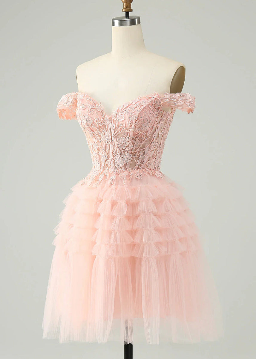 Euthymia | Stand Out with Pink Homecoming Dress: Elegant Lace for Prom Night - Light Pink - PromDressClub