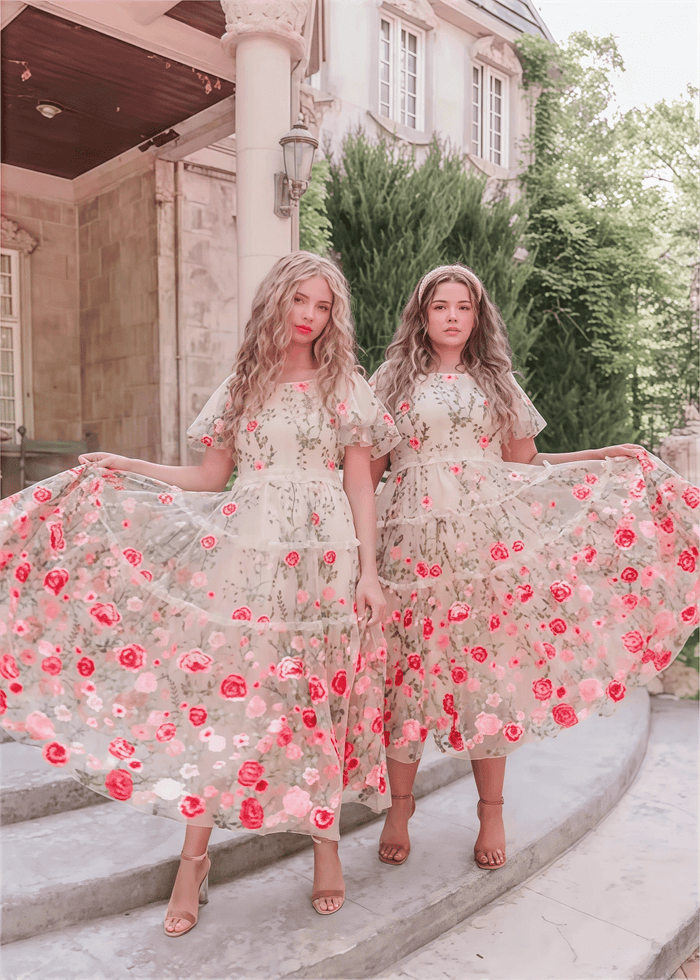 Eva | Champagne Flower Short Sleeve Midi Prom Dress - Exquisite Floral Design - Champagne Floral - PromDressClub