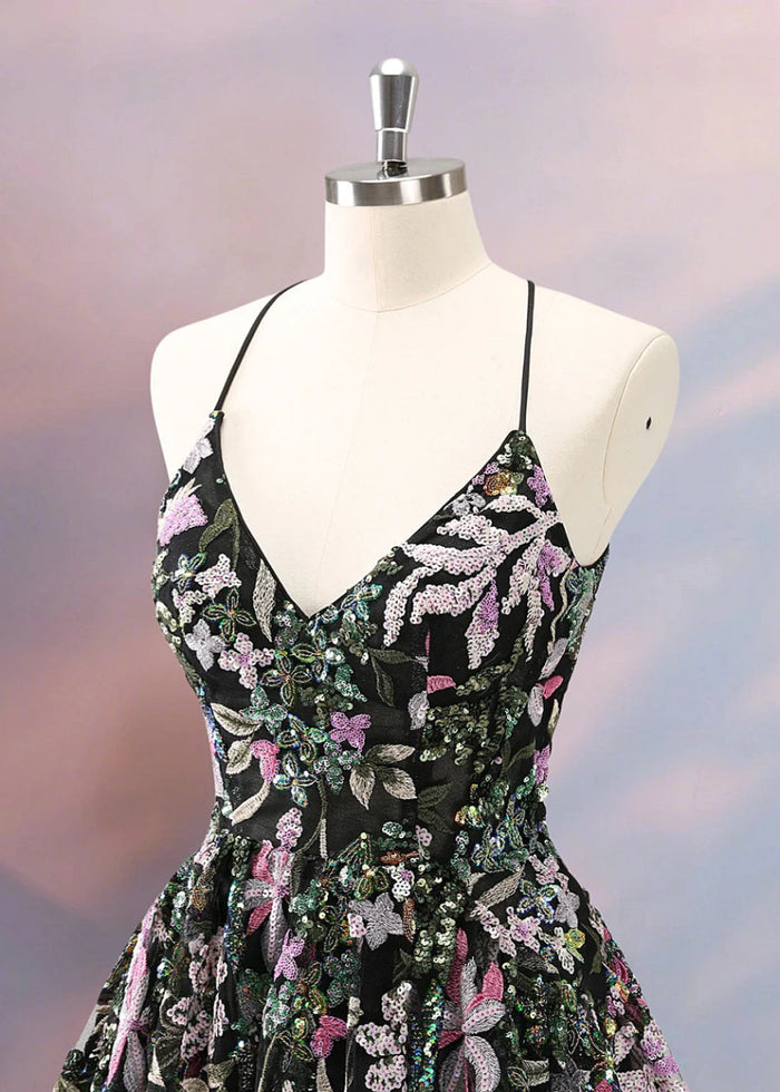 Evadne | Stand Out at Prom with Black Homecoming Dress Floral Backless Corset Design - Black Floral - PromDressClub