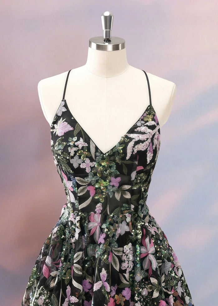 Evadne | Stand Out at Prom with Black Homecoming Dress Floral Backless Corset Design - Black Floral - PromDressClub