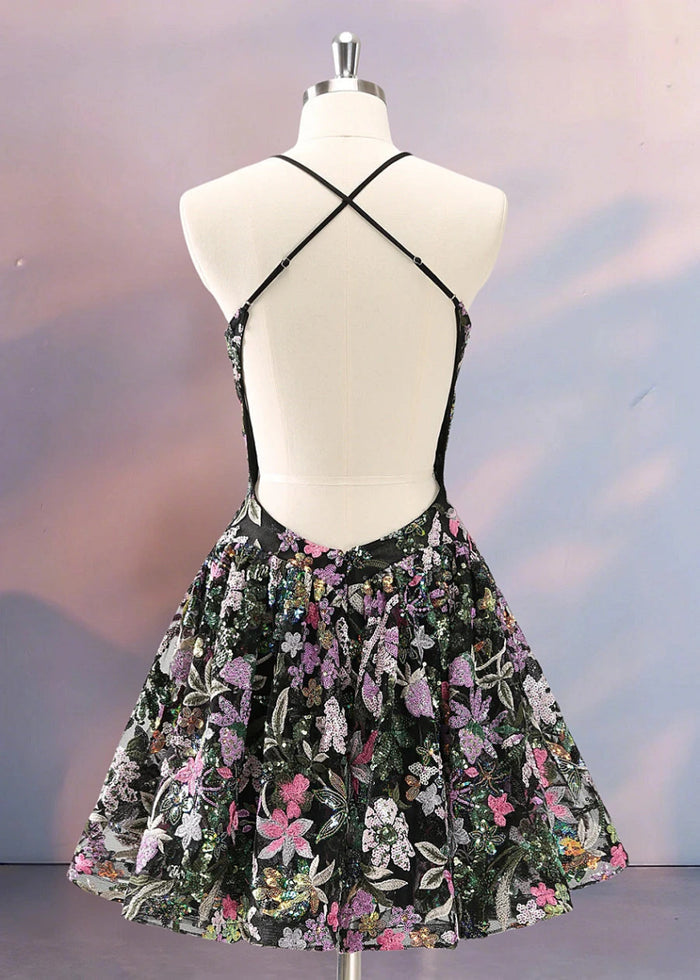 Evadne | Stand Out at Prom with Black Homecoming Dress Floral Backless Corset Design - Black Floral - PromDressClub