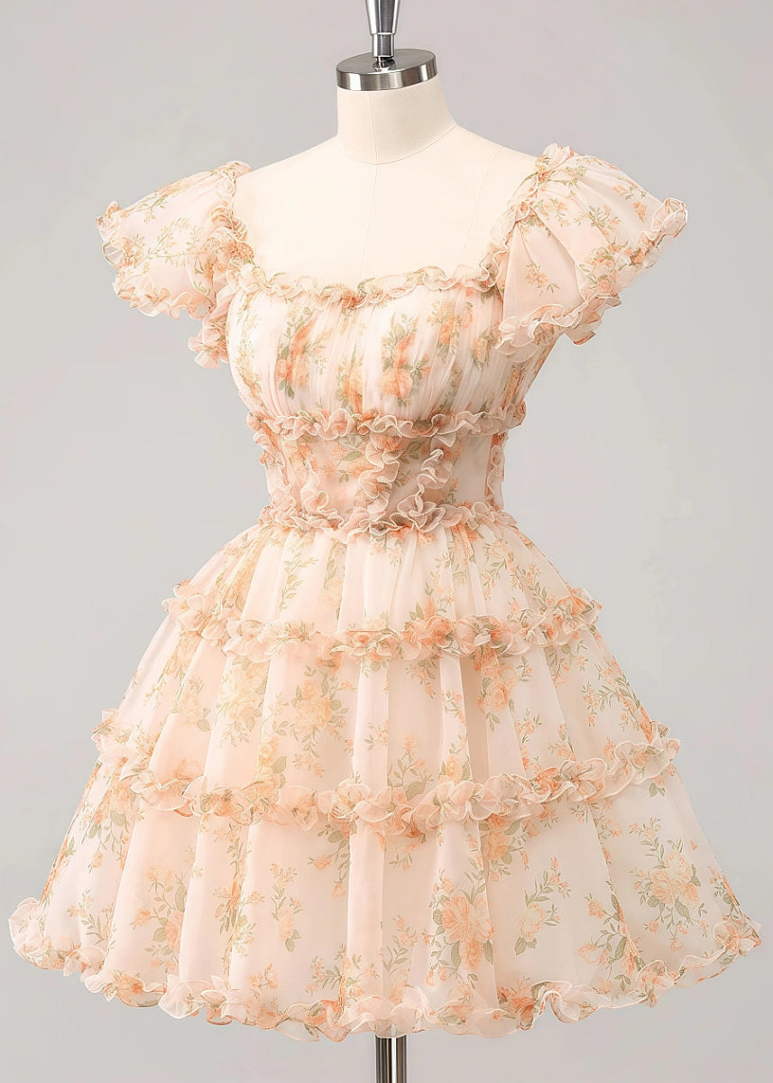 Evaluna | Stunning Champagne Floral Homecoming Dress: Dance the Night Away Beautifully - Champagne Floral - PromDressClub