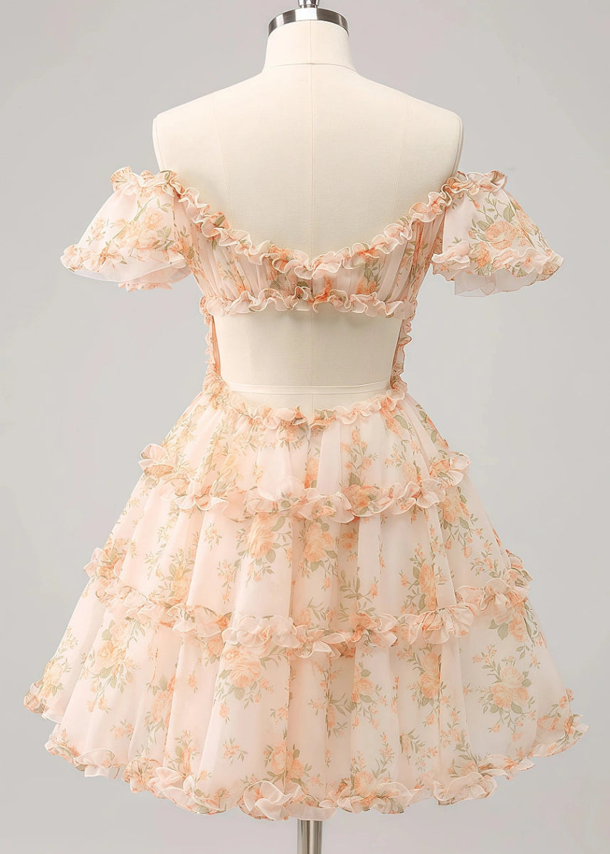 Evaluna | Stunning Champagne Floral Homecoming Dress: Dance the Night Away Beautifully - Champagne Floral - PromDressClub