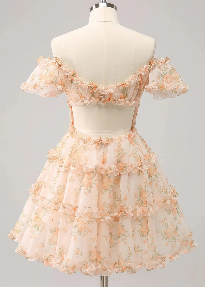 Evaluna | Stunning Champagne Floral Homecoming Dress: Dance the Night Away Beautifully - Champagne Floral - PromDressClub
