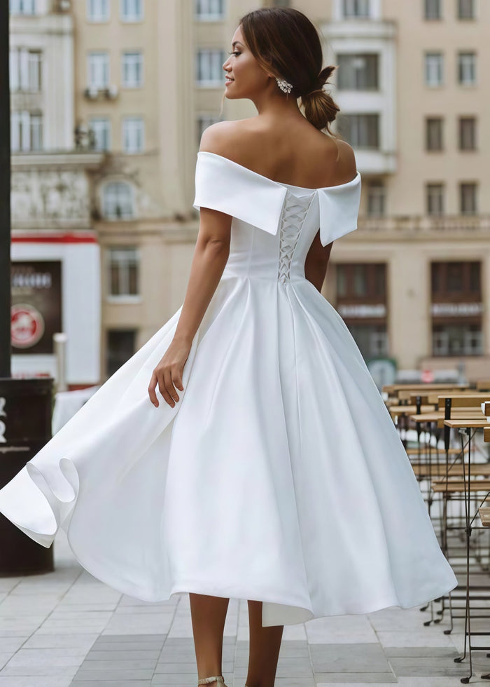 Evangeline | Elegant A Line Off the Shoulder Strapless White Satin Midi Wedding Dress - Price #price_variant_lowest# - White - PromDressClub