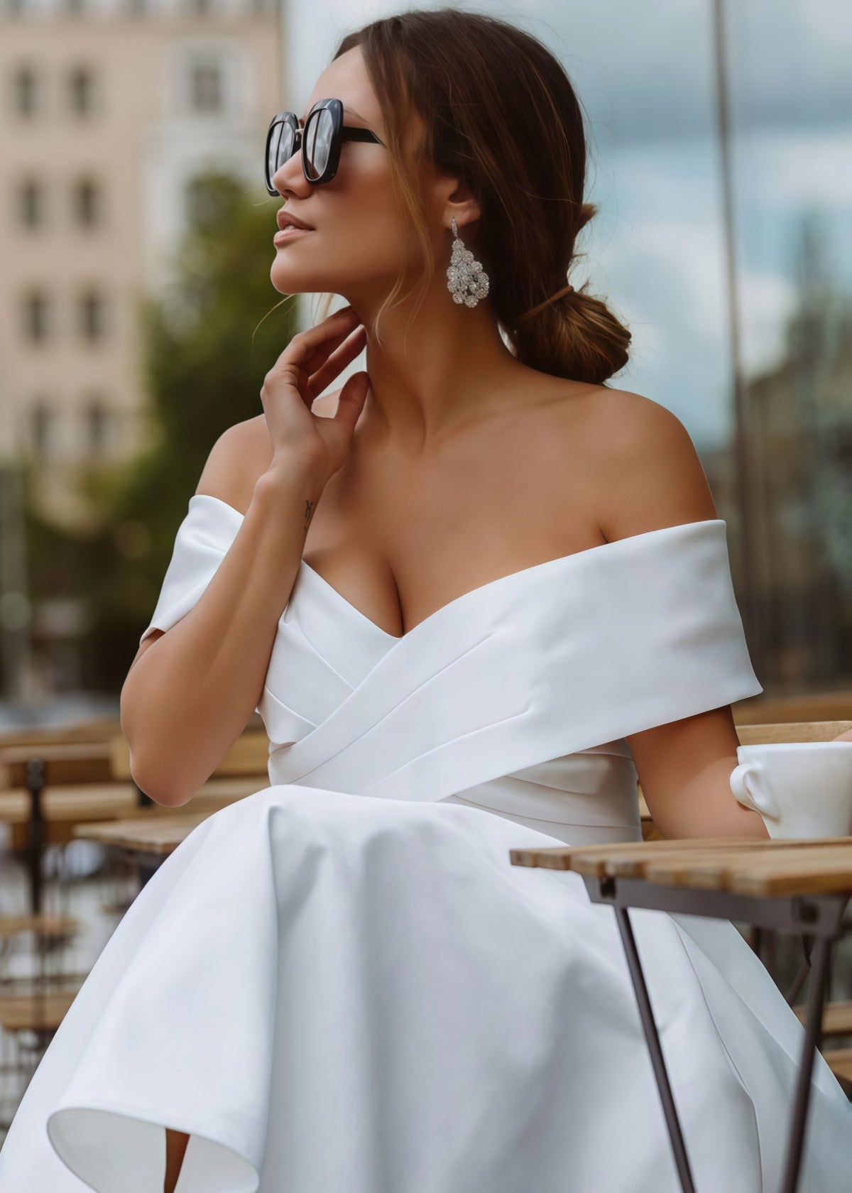 Evangeline | Elegant A Line Off the Shoulder Strapless White Satin Midi Wedding Dress - White - PROMDRESS Club