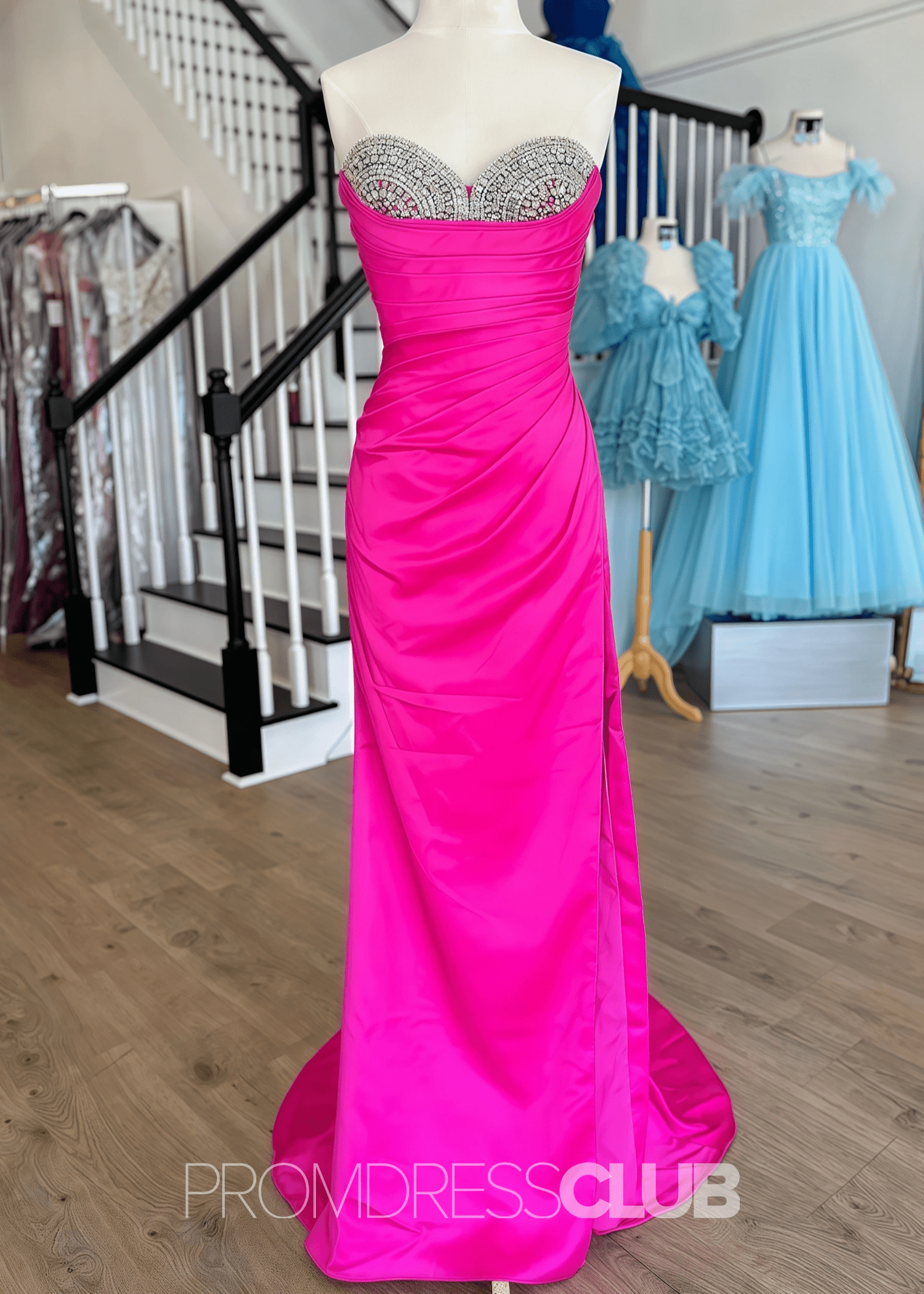 Evangeline |Long Silver Prom Dress Metallic With Mermaid Beaded Sweetheart Split - Fuchsia - US0 - PromDressClub