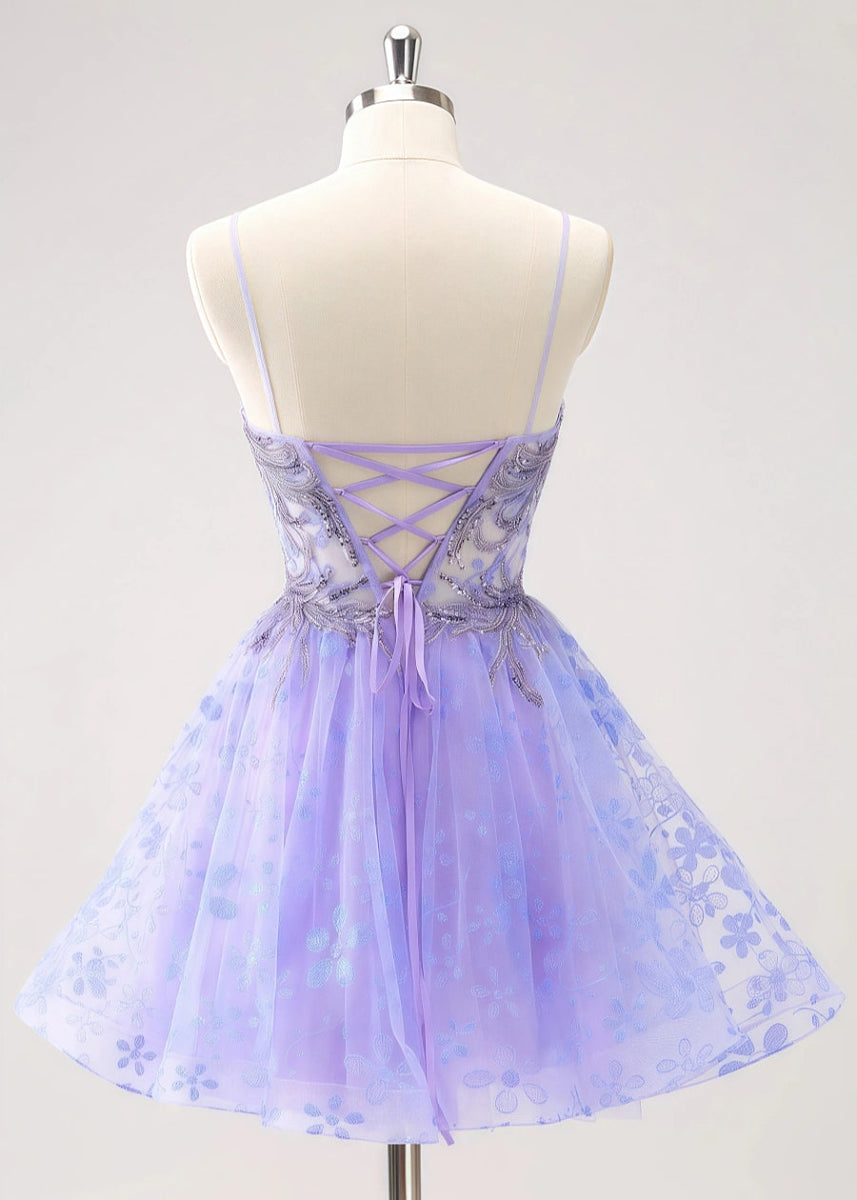 Ezmeralda | Sparkle Purple Homecoming Dress | Floral A - Line Elegance Dazzle - Light Purple Floral - PromDressClub