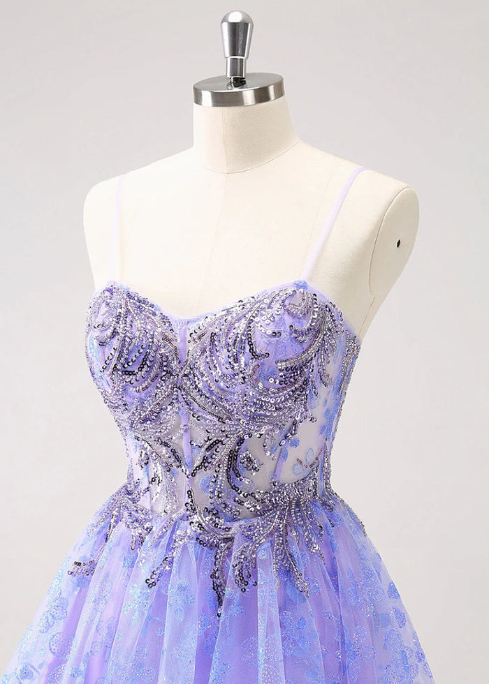 Ezmeralda | Sparkle Purple Homecoming Dress | Floral A - Line Elegance Dazzle - Light Purple Floral - PromDressClub