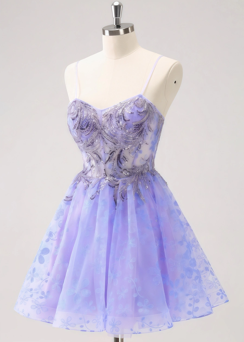 Ezmeralda | Sparkle Purple Homecoming Dress | Floral A - Line Elegance Dazzle - Light Purple Floral - PromDressClub