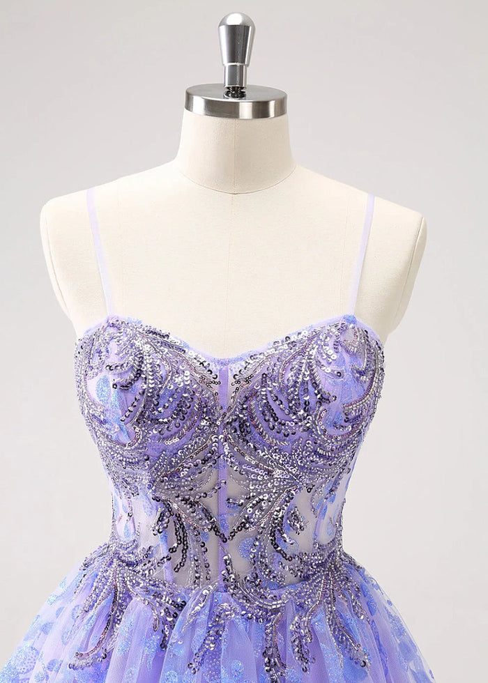 Ezmeralda | Sparkle Purple Homecoming Dress | Floral A - Line Elegance Dazzle - Light Purple Floral - PromDressClub