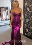 Faithe |Long Fuchsia Prom Dress Metallic With Mermaid Sweetheart Strapless Empire Side Split - Fuchsia - US0 - PromDressClub