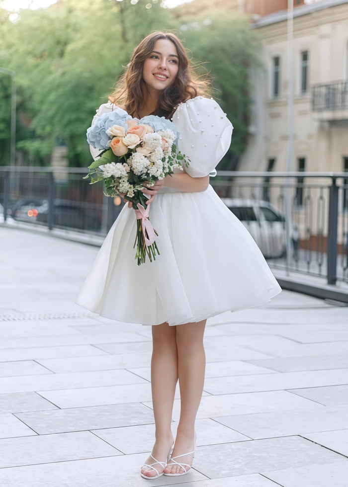 Faithe | Sexy A Line Square Neck Pearl Puff Sleeve Short Wedding Reception Dress for Bride - Price #price_variant_lowest# - White - PromDressClub