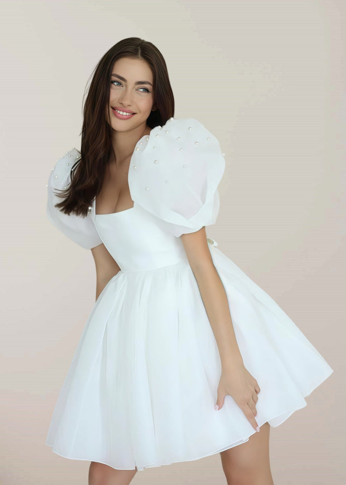 Faithe | Sexy A Line Square Neck Pearl Puff Sleeve Short Wedding Reception Dress for Bride - Price #price_variant_lowest# - White - PromDressClub