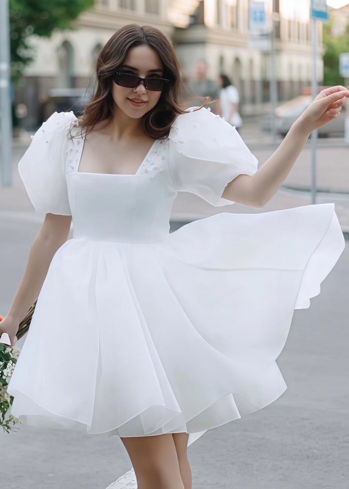 Faithe | Sexy A Line Square Neck Pearl Puff Sleeve Short Wedding Reception Dress for Bride - Price #price_variant_lowest# - White - PromDressClub