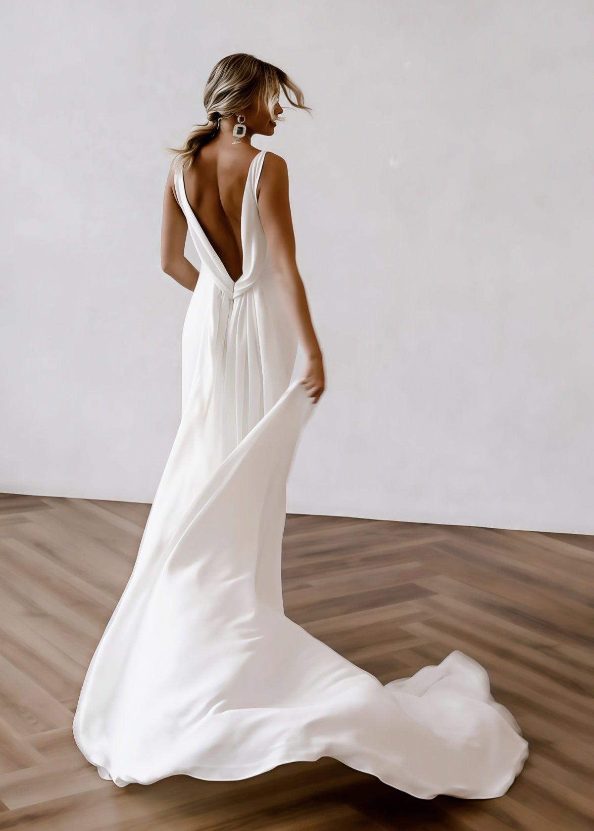 Fanny | Mermaid V Neck Backless Long White Satin Wedding Dress Detachable Train - White - PROMDRESS Club