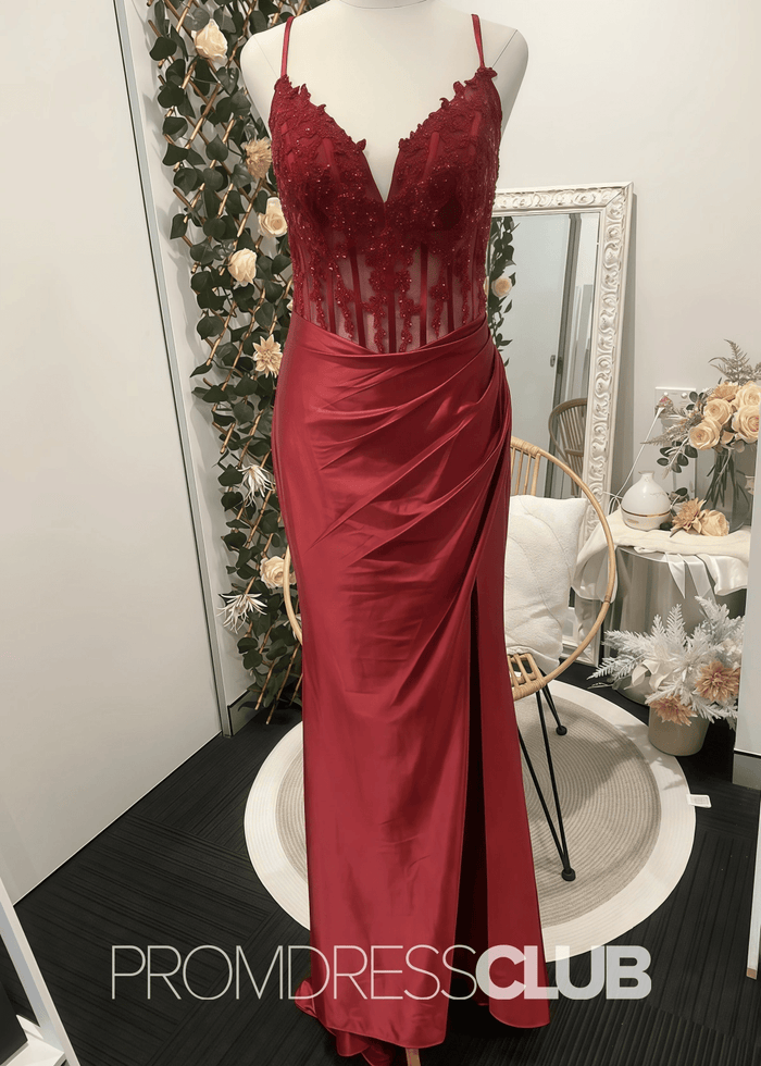 Fay |Mermaid Navy Blue Prom Dresses Long V Neck with Slit - Red - PromDressClub