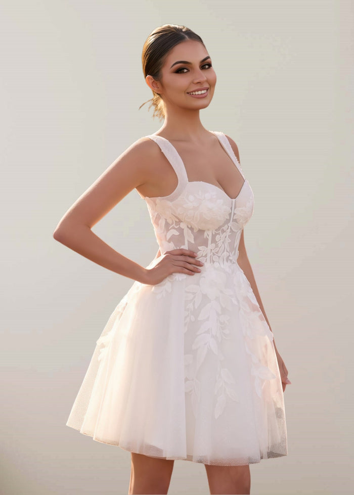 Fay | Romantic A Line Spaghetti Strap Appliques Lace Short White Wedding Reception Dress with Sweetheart Neck - Price #price_variant_lowest# - White - PromDressClub