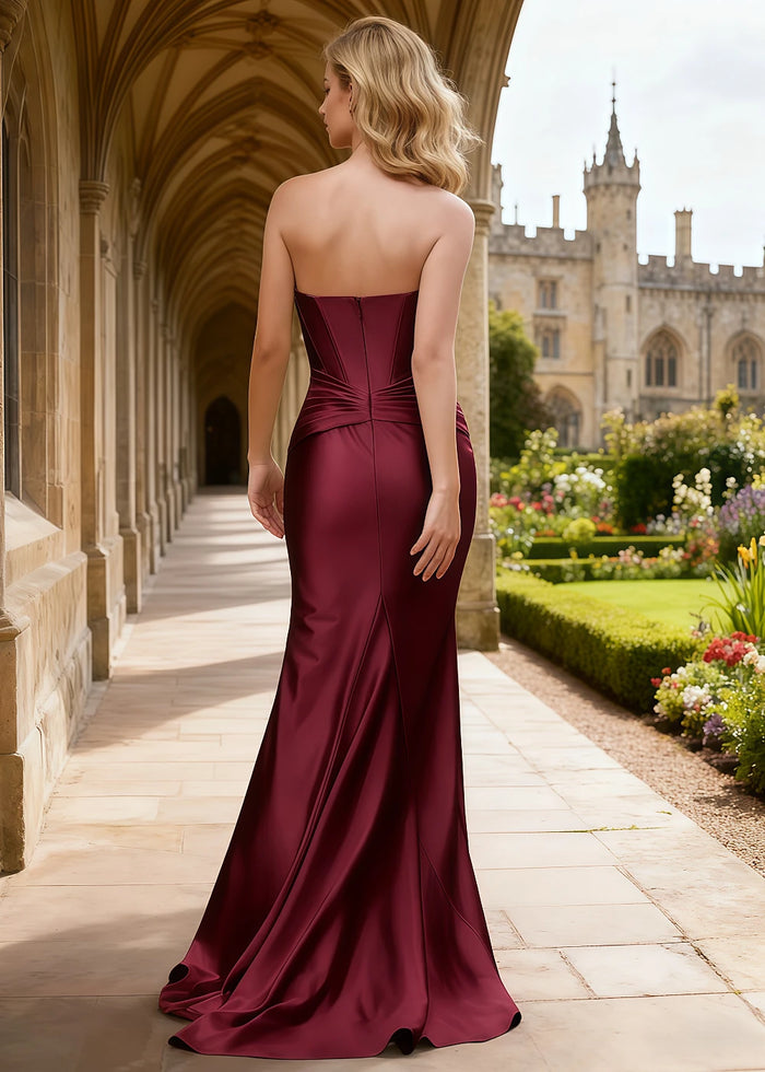 Faye Satin Mulberry Strapless Dress Prom | Sheath Corset Pleated Slit Formal Dress with Twist Knot - Mulberry - PromDressClub