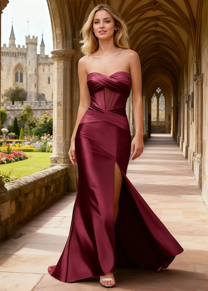 Faye Satin Mulberry Strapless Dress Prom | Sheath Corset Pleated Slit Formal Dress with Twist Knot - Mulberry - PromDressClub