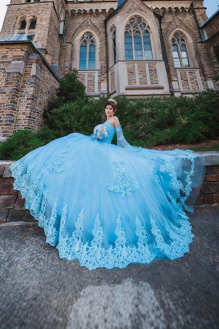 Felicia | Gorgeous Light Blue Quinceanera Dresses with Sleeves - Stunning Blue Sweet 16 Dresses - Light Blue - PromDressClub