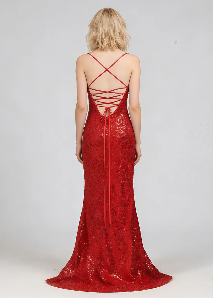 Fia Red Glitter Prom Dress | Column Spaghetti Strap Sweetheart Neckline Cocktail Dress with Slit - Red - PromDressClub