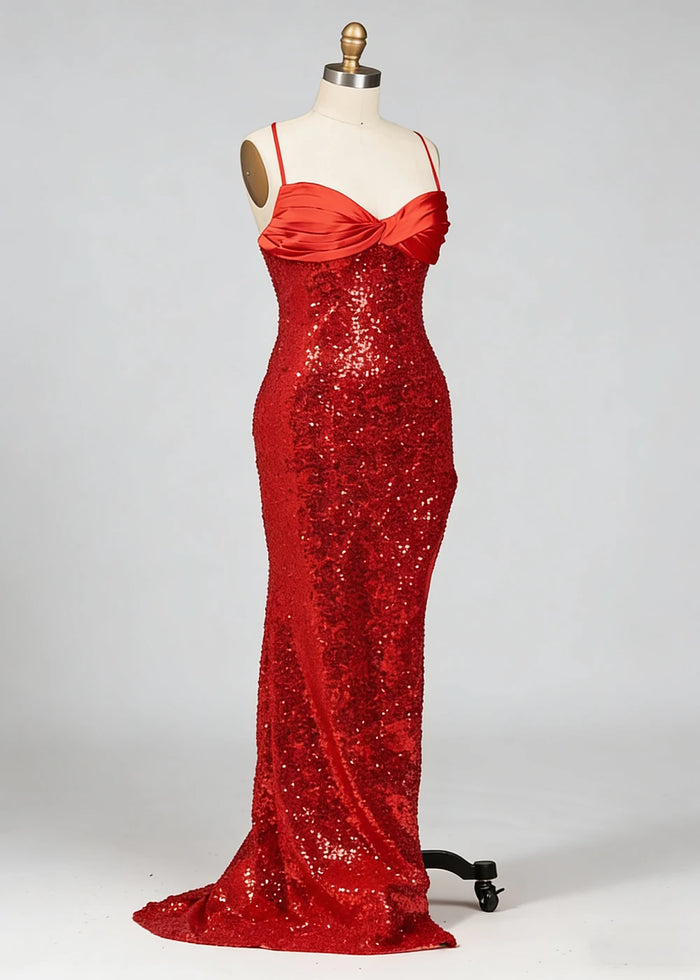 Fia Red Glitter Prom Dress | Column Spaghetti Strap Sweetheart Neckline Cocktail Dress with Slit - Red - PromDressClub