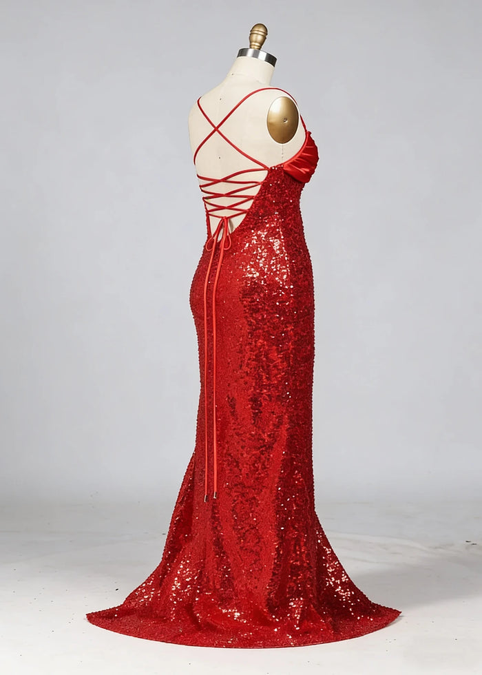 Fia Red Glitter Prom Dress | Column Spaghetti Strap Sweetheart Neckline Cocktail Dress with Slit - Red - PromDressClub