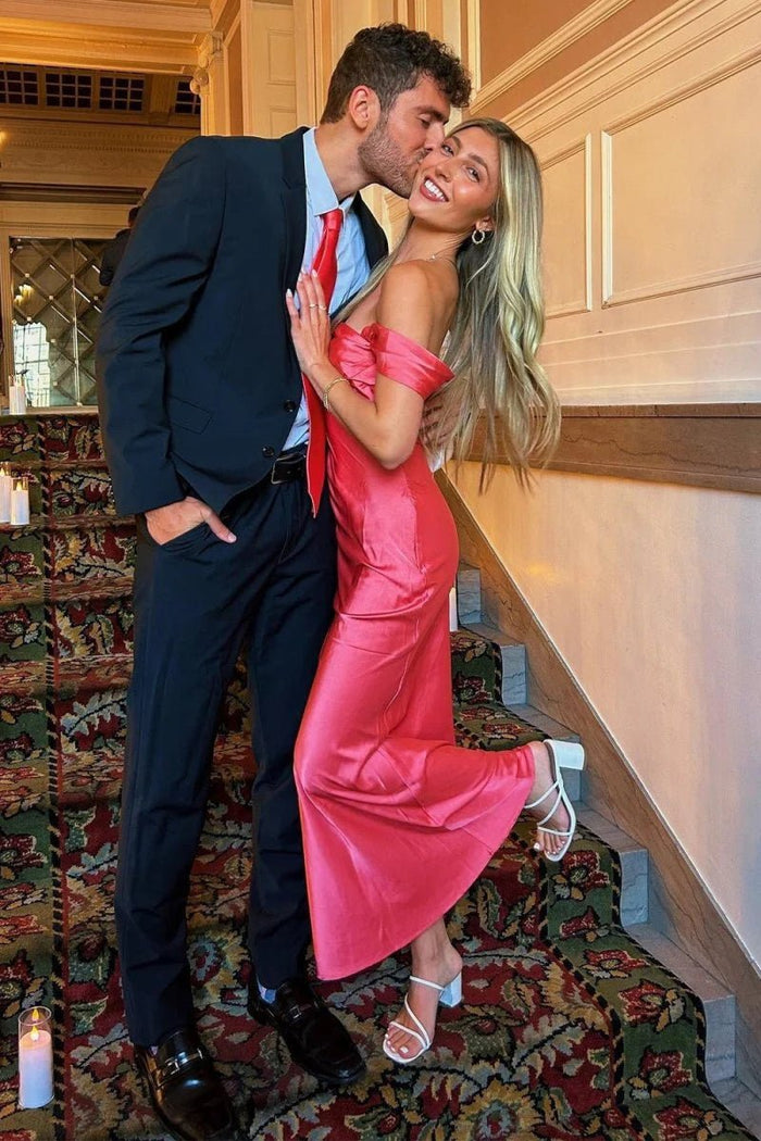 Nora Women's Coral Off the Shoulder Dress for Prom | Sheath Strapless Satin Floor Length Formal Dress - Coral - PromDressClub