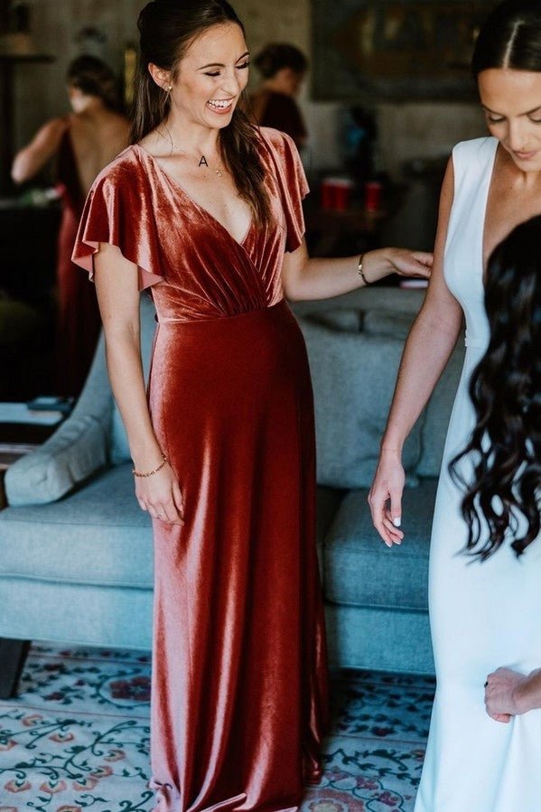 Julia |Floor Length V Neck Copper Velvet Bridesmaid Dress for Winter Weddings - Rust - PromDressClub