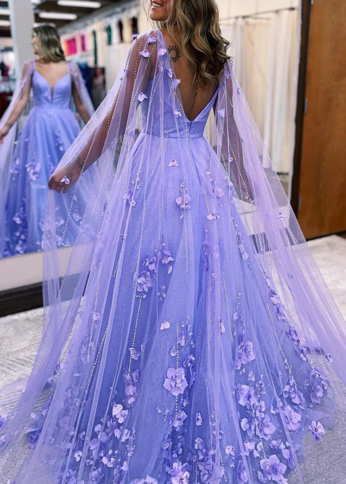 Flora | Lavender Light Blue Princess V Neck Backless 3D Flower Formal Dress with Cape Sleeves - Lavender - PromDressClub