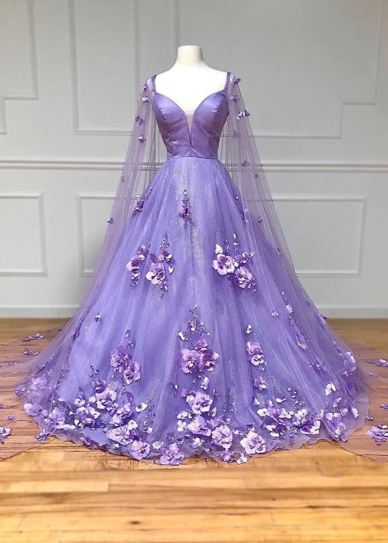 Flora |A - Line Deep V Neck 3D Floral Illusion Lavender Lace Prom Dress With Cape Sleeves - Lavender - US0 - PromDressClub