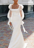 Flora | Square Neckline Mermaid Puff Long Sleeve White Wedding Dress Train - White - PROMDRESS Club