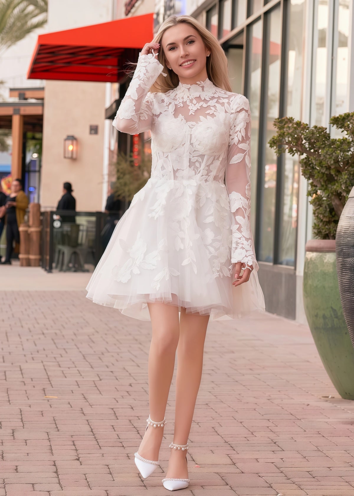 Florence | A Line Long Sleeve Illusion Neck Corset Short White Reception Wedding Dress - White - PROMDRESS Club