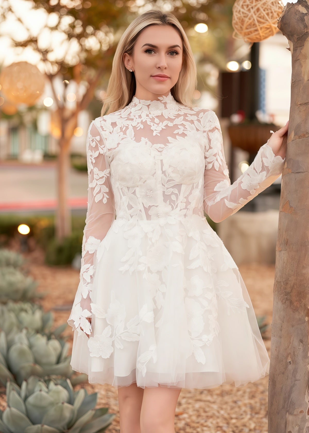 Florence | A Line Long Sleeve Illusion Neck Corset Short White Reception Wedding Dress - White - PROMDRESS Club