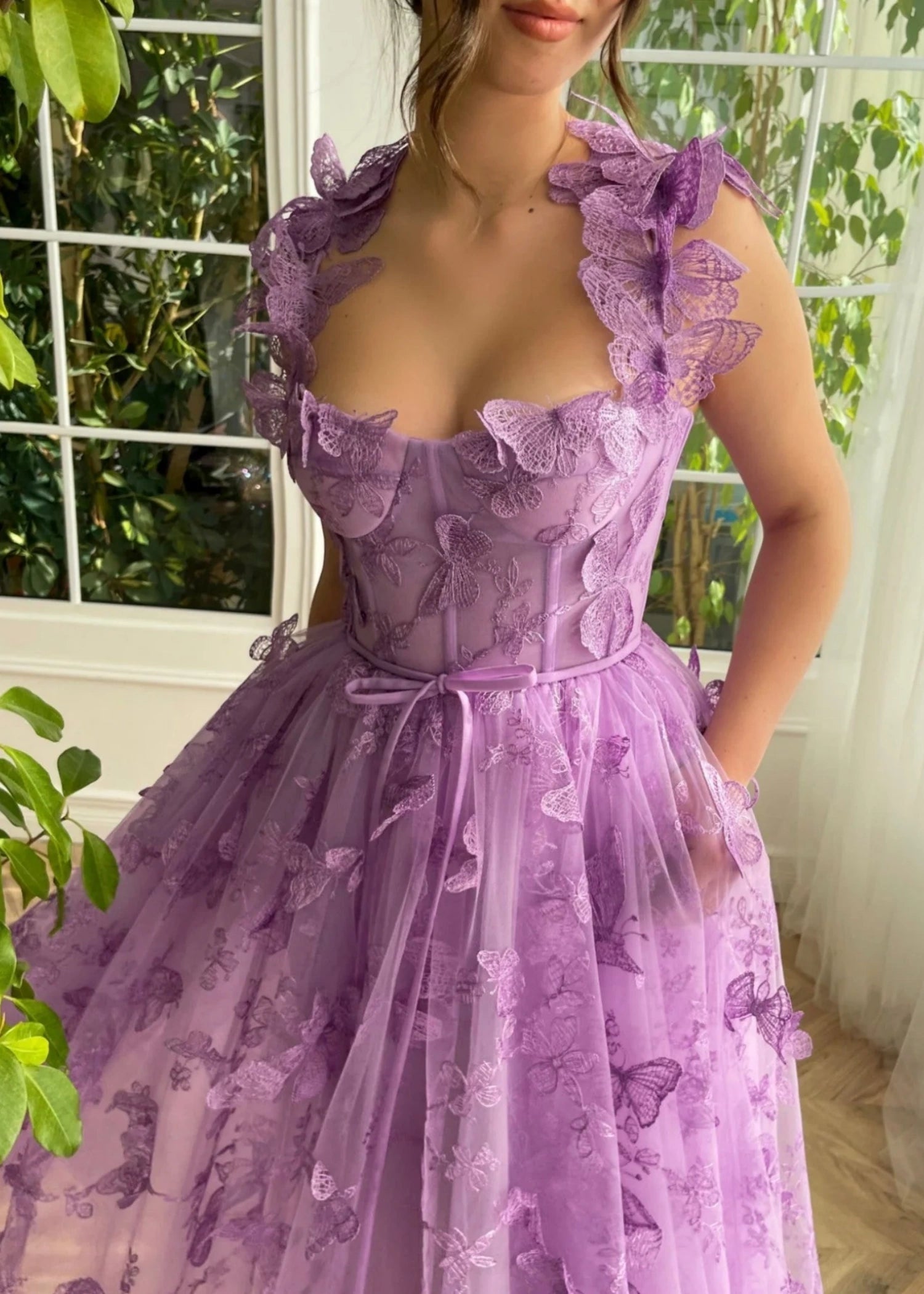 Florence |A line Off The Shoulder Tulle Midi Lilac Prom Dress with 3D Butterflies - Lilac - US0 - PromDressClub