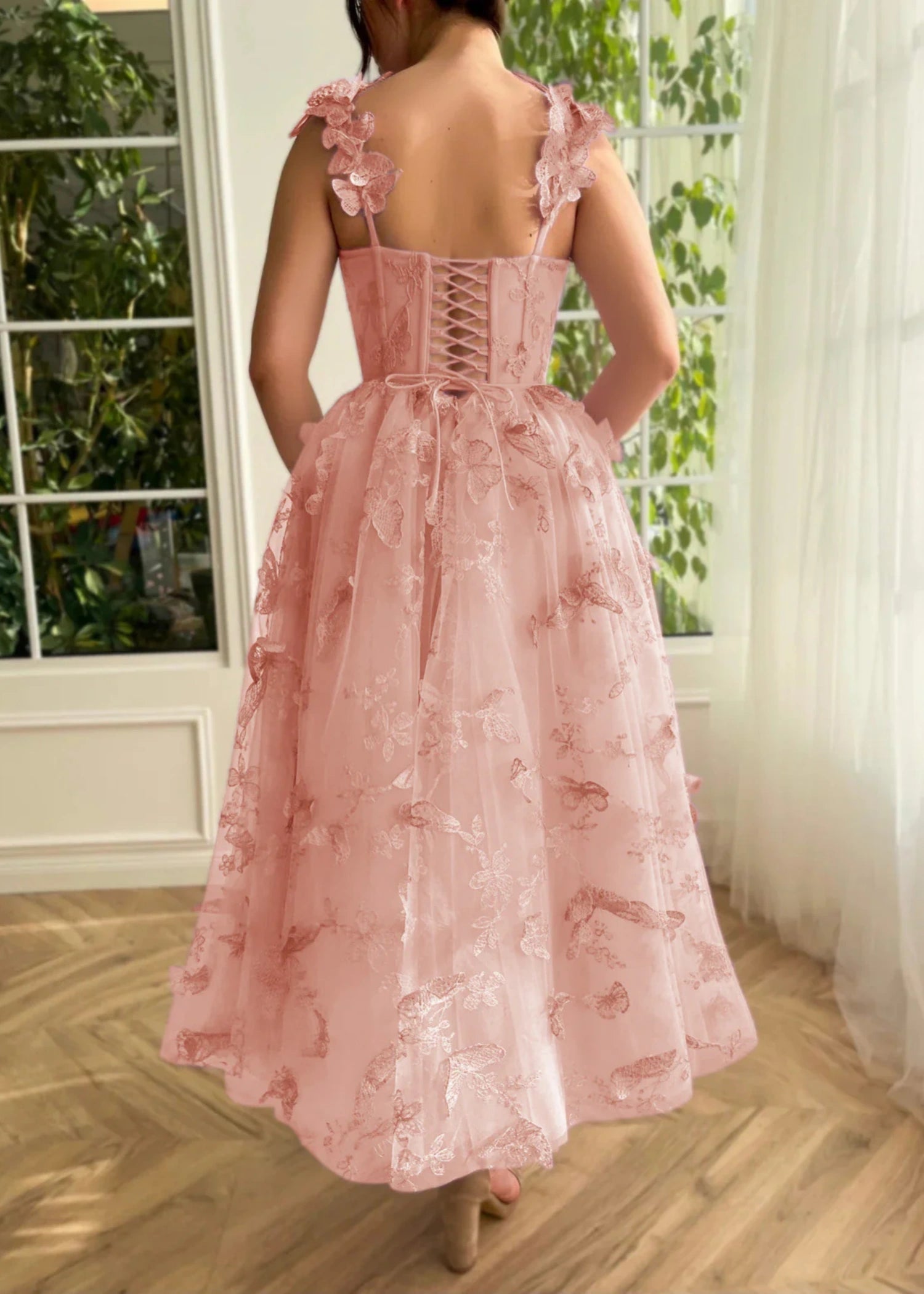 Florence |A line Off The Shoulder Tulle Midi Lilac Prom Dress with 3D Butterflies - Pink - US0 - PromDressClub