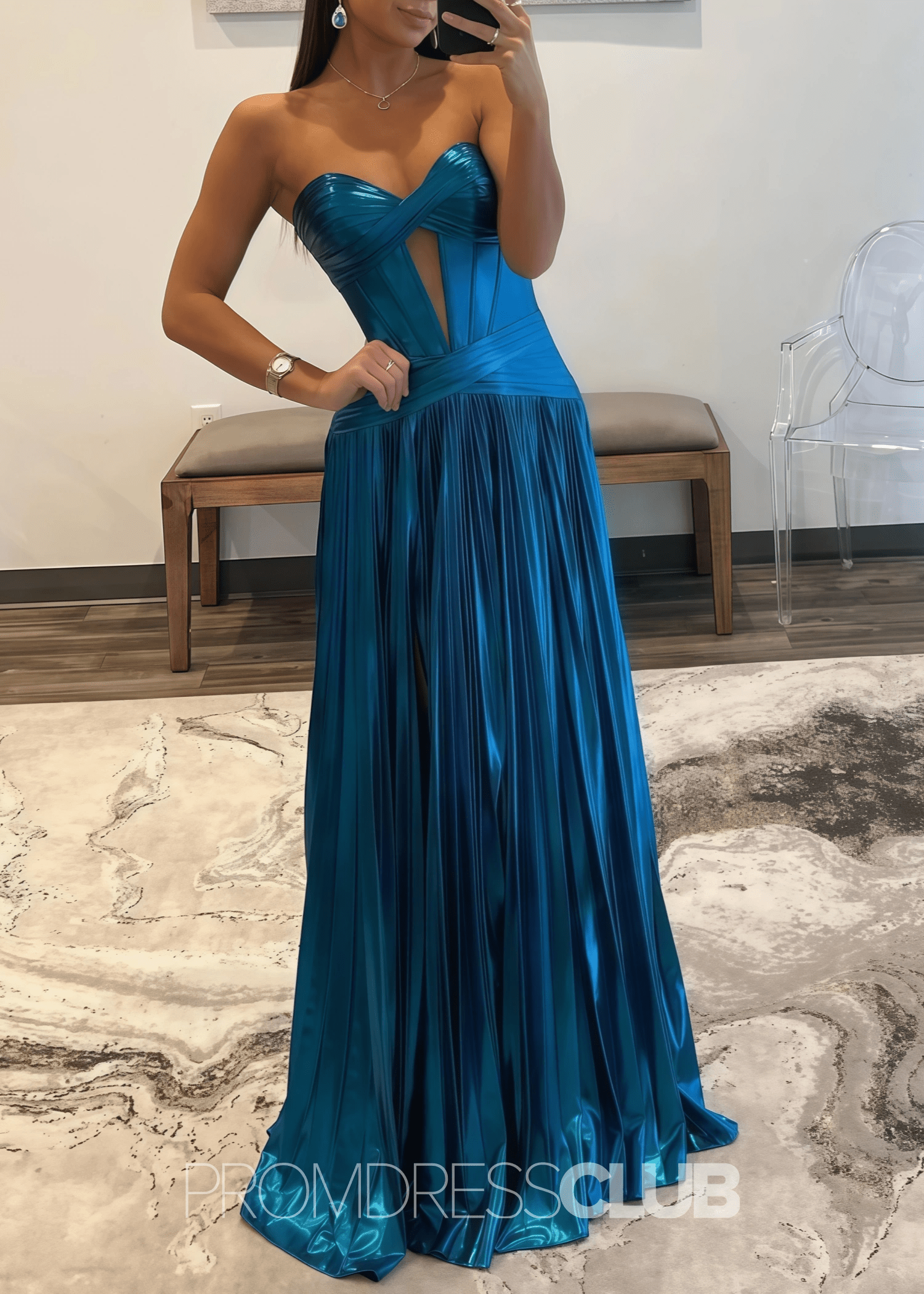 Florence |Long Gold Prom Dress Metallic With A Line Sweetheart Pleated Split - Turquoise - US0 - PromDressClub