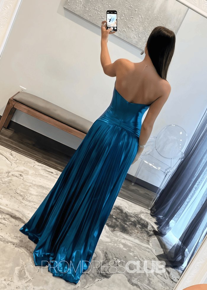 Florence |Long Gold Prom Dress Metallic With A Line Sweetheart Pleated Split - Turquoise - PromDressClub