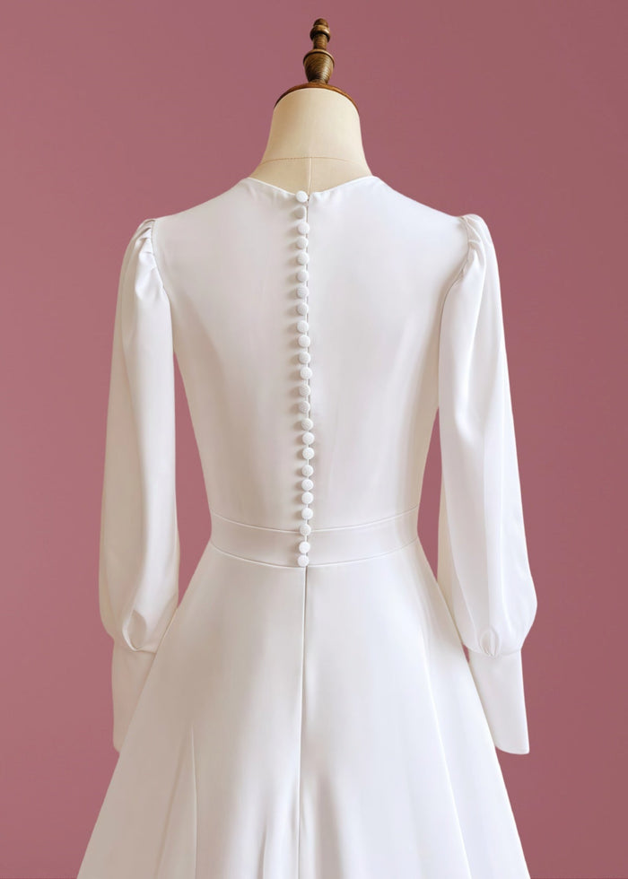 Gabrielle | Classic A Line Long Sleeve High Neck Wedding Dress Court Train with Vintage Gown - Price #price_variant_lowest# - White - PromDressClub