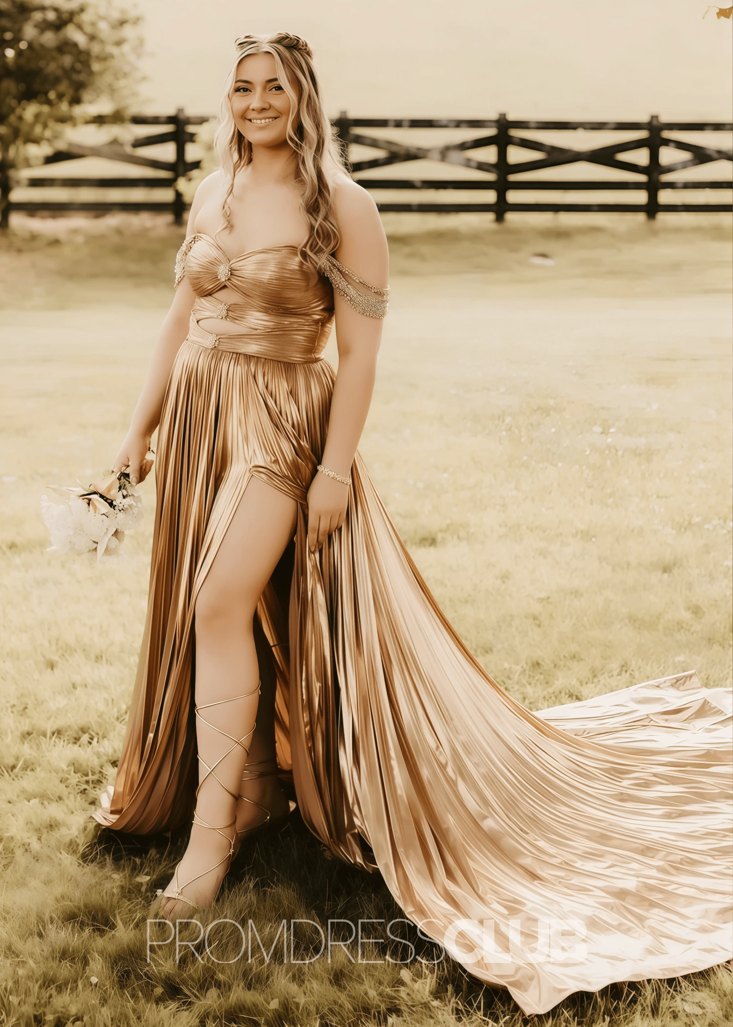 Gabrielle |Long Gold Prom Dress Metallic With A Line Off the Shoulder Pleated Split - Gold - PromDressClub