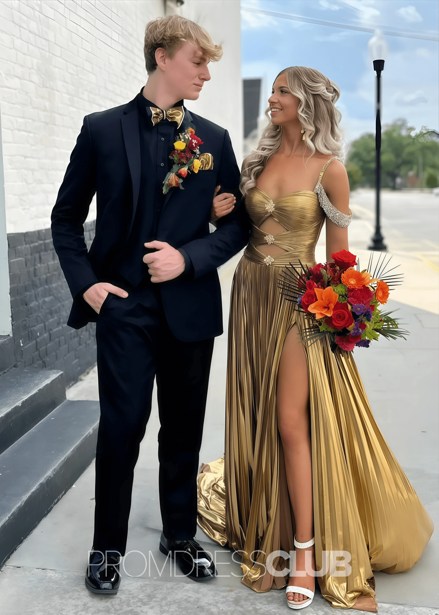 Gabrielle |Long Gold Prom Dress Metallic With A Line Off the Shoulder Pleated Split - Price #price_variant_lowest# - Gold - PromDressClub