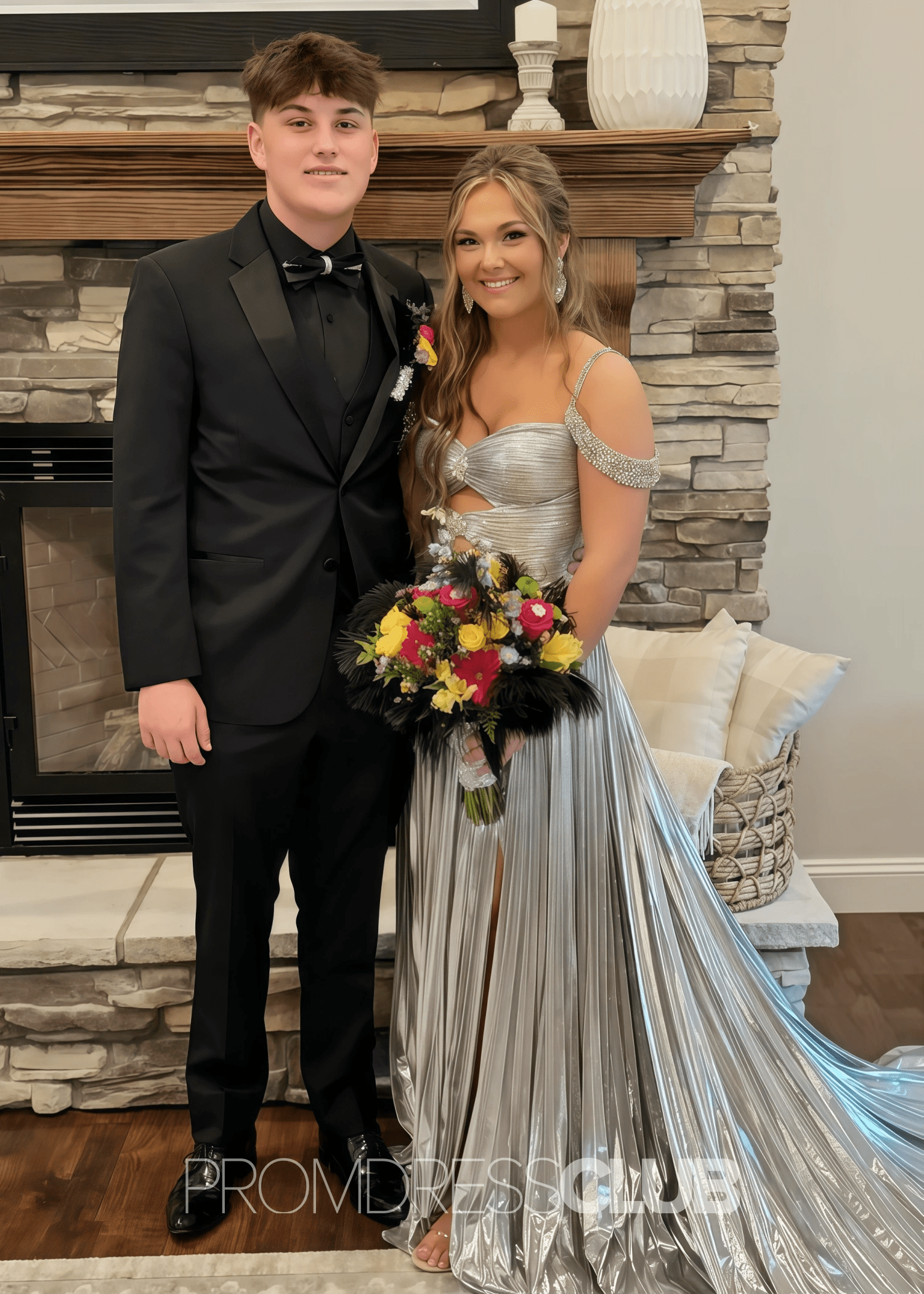 Gabrielle |Long Gold Prom Dress Metallic With A Line Off the Shoulder Pleated Split - Silver - PromDressClub