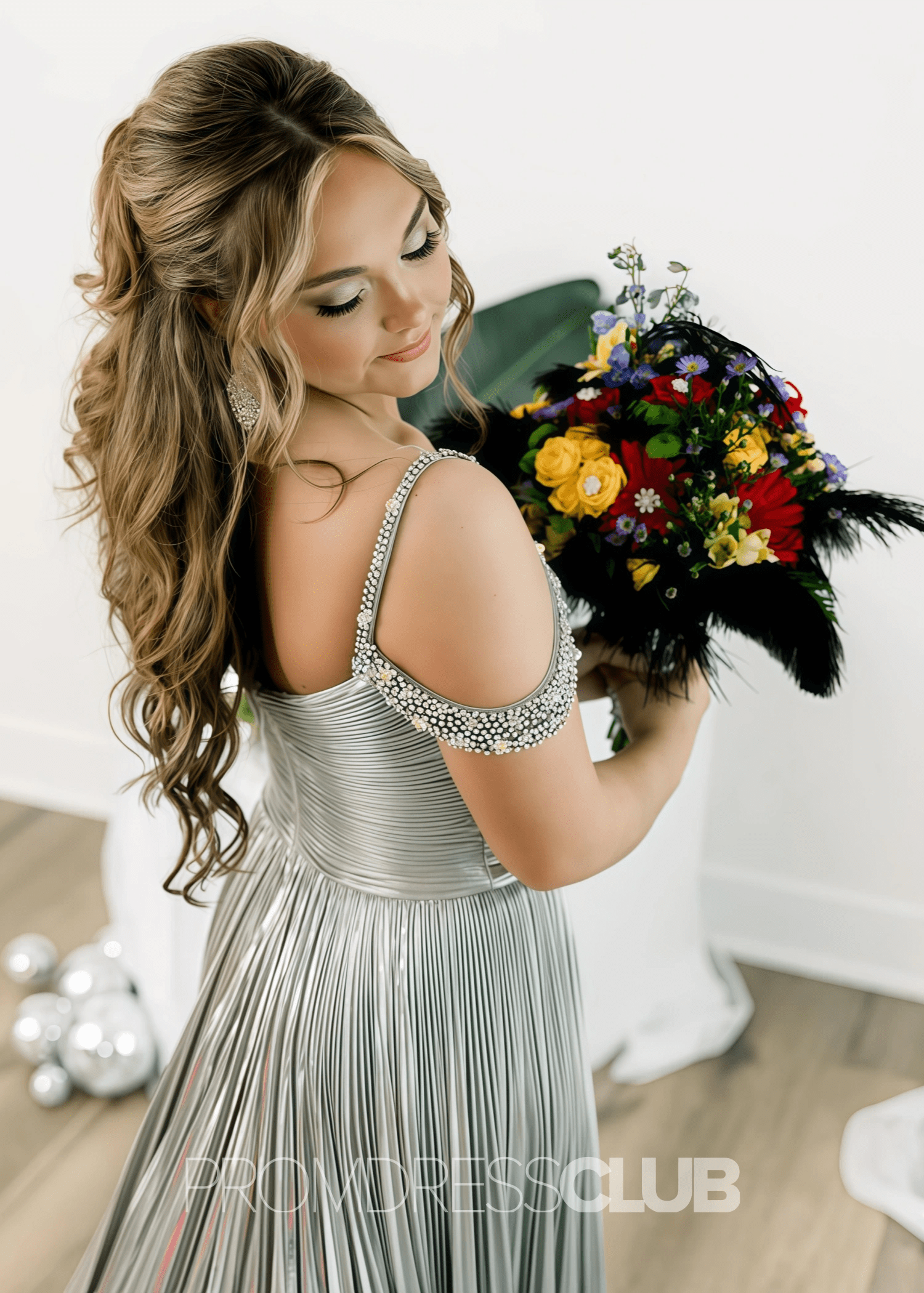 Gabrielle |Long Gold Prom Dress Metallic With A Line Off the Shoulder Pleated Split - Silver - PromDressClub