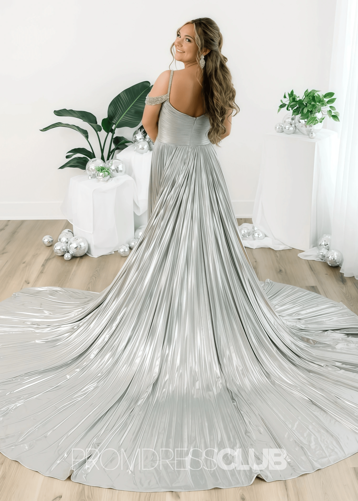 Gabrielle |Long Gold Prom Dress Metallic With A Line Off the Shoulder Pleated Split - Price #price_variant_lowest# - Silver - PromDressClub