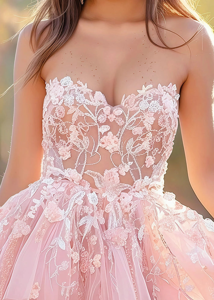 Galateia | Strapless Homecoming Dress: Floral Light Pink High - Low Style - Light Pink - PromDressClub